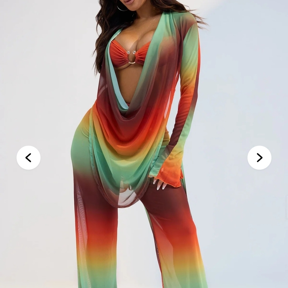 Sheer Ombre Draped Two-Piece Set - Green, Red & Orange